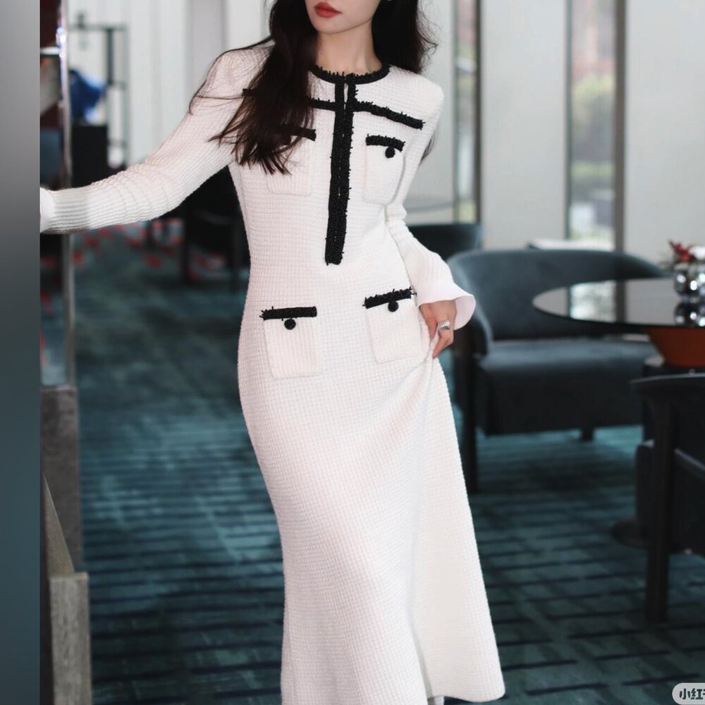 self-portrait White Knit Contrast Trim Midi Dress